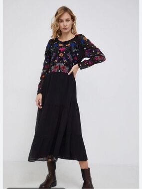 🌙 Whimsigoth Desigual Floral Embroidery Tulle Dress |  Midi Boho ✨